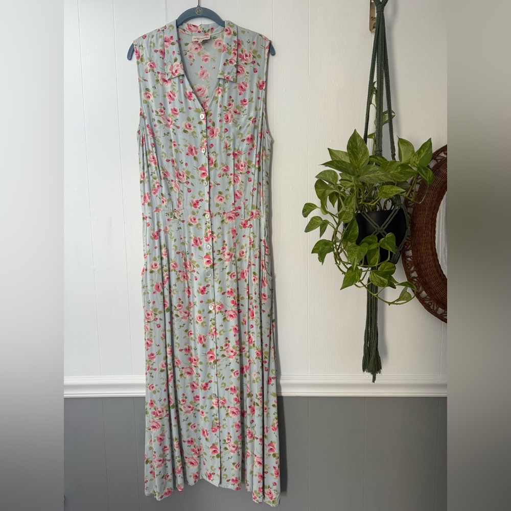 Vintage Monterey Bay Whimsical Cottage Pastel Floral Jumper Dress Pockets 16 USA